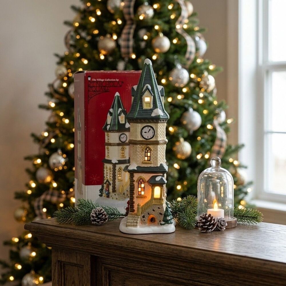 St. Nicholas Square Clock Tower - Illuminated Porcelain - Christmas Village 1999